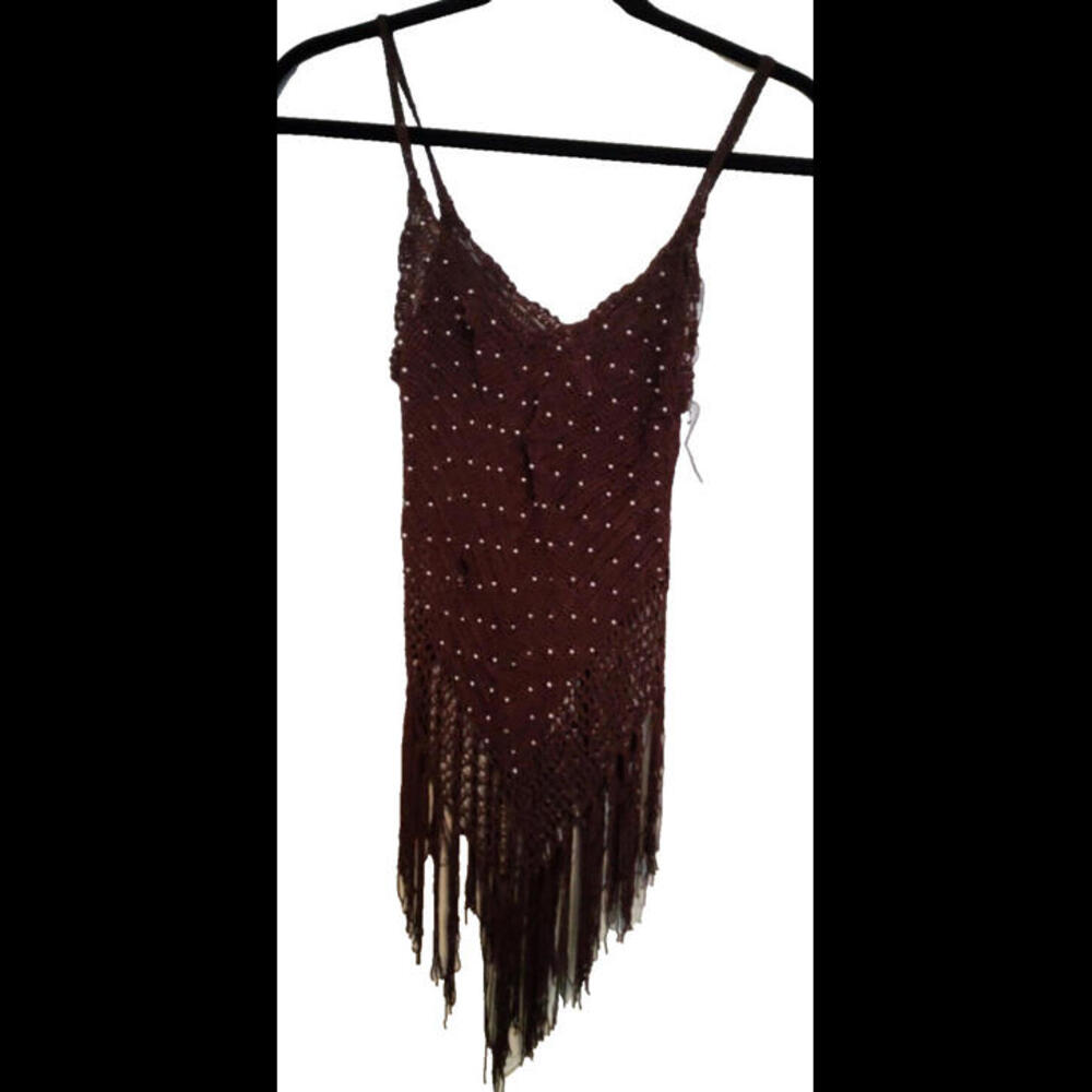 Say What Brown Crotchet Tank Top Fringe Silver Beads Soft Stretch Rayon Large